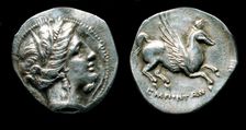 Drachma from Emporion. Obverse: Head of Persephone. Reverse: Pegasus, Third cent. BC. Artist: Numismatic, Ancient Coins
