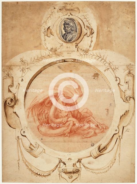 Dragon devouring a snake. With a Portrait of Andrea del Sarto, First quarter of 16th cen. Creator: Andrea del Sarto (1486-1531).