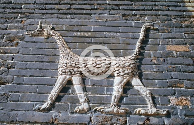 Dragon, glazed bricks, Ishtar Gate, Babylon, Iraq. Creator: Vivienne Sharp.