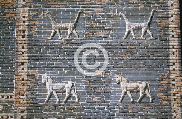 Dragons and bulls, glazed bricks, Ishtar Gate, Babylon, Iraq. Creator: Vivienne Sharp.