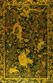 Dragons and other creatures, with floral decoration in gold. Creator: Unknown