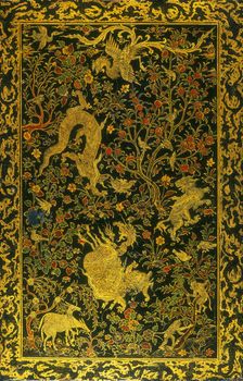 Dragons and other creatures, with floral decoration in gold. Creator: Unknown