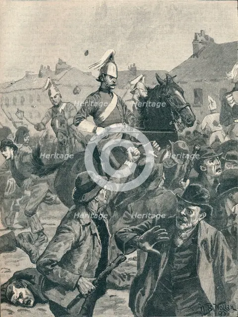 Dragoons and Highlanders scattering  rioters in Belfast, 1872 (1906).  Artist: Unknown.