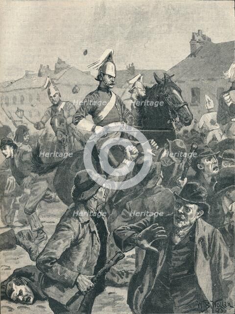 Dragoons and Highlanders scattering  rioters in Belfast, 1872 (1906).  Artist: Unknown.