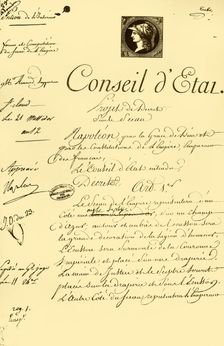Draft decree on the form and composition of the imperial seal, 10 July 1804, (1921). Creator: Unknown