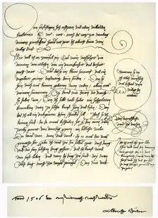 Draft of Albrecht Durer's dedication to Bilibald Pirckheimer, c1523. Artist: Albrecht Dürer