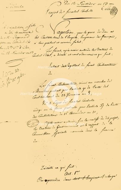 Draft of the...reestablishment of the Gregorian calendar, 29 August 1805, (1921). Creator: Unknown.