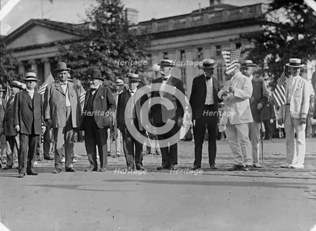 Draft Parade - Senators: Chamberlain; J.H. Bankhead; Knute Nelson; Hardwick; Warren; Lodge..., 1917. Creator: Harris & Ewing.