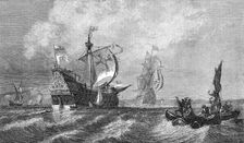 "Drake Taking the Spanish Galleon Capitana,...to Torbay, July 22, 1588", by O. W. Brierly, 1872. Creator: Unknown