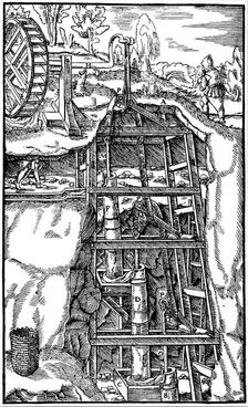 Draining a mine using a series of suction pumps powered by a water wheel, 1556