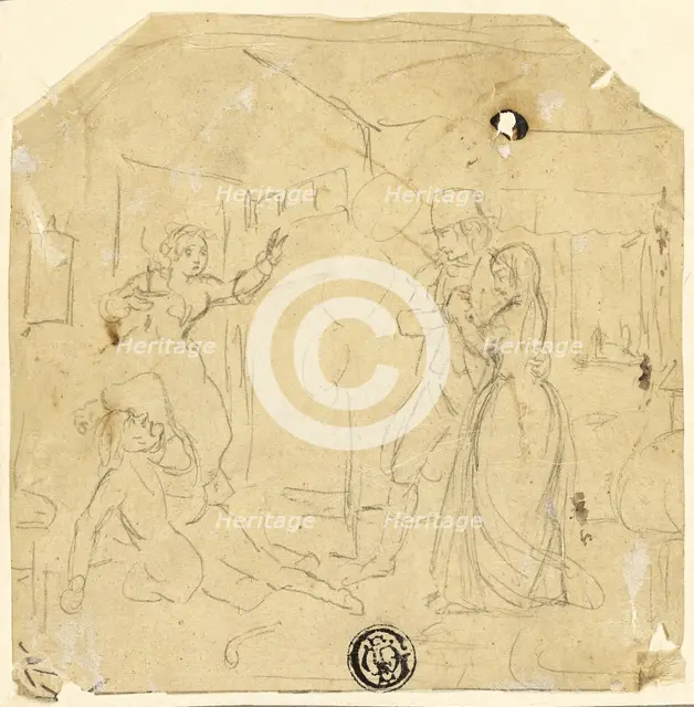 Dramatic Scene with Couple, Older Man, c. 1840. Creator: Joseph Clayton Bentley.