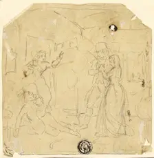 Dramatic Scene with Couple, Older Man, c. 1840. Creator: Joseph Clayton Bentley