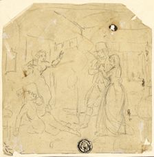 Dramatic Scene with Couple, Older Man, c. 1840. Creator: Joseph Clayton Bentley