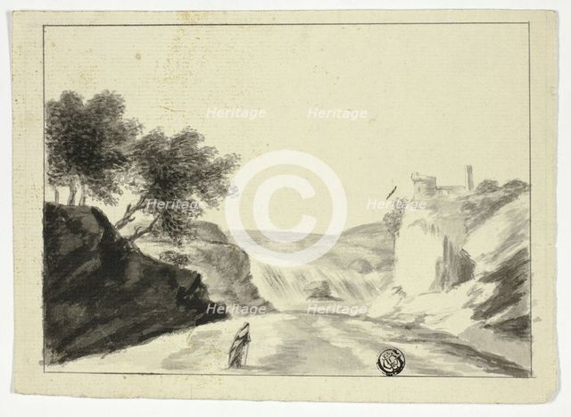 Draped Figure in Landscape with Castle on a Cliff, n.d. Creator: Unknown.