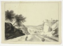 Draped Figure in Landscape with Castle on a Cliff, n.d. Creator: Unknown