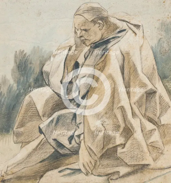 Drapery Study of a Seated Man Wearing a Cap (recto); Study of a Hand in..., between c1655 and c1665. Creator: Jacob Jordaens.