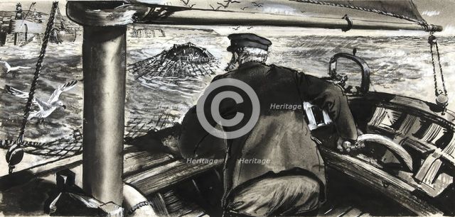 Drawings for Magazines: Ditty Box: Drawing: mine in fishing trawl net, between 1939 and 1946. Creators: Unknown, Central Office of Information.