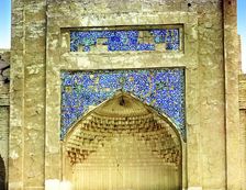 Drawings on tiles above gates into the tsar's tomb, Bogoeddin, Bukhara, between 1905 and 1915. Creator: Sergey Mikhaylovich Prokudin-Gorsky