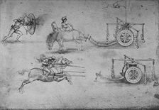 Drawings of Chariots Armed with Flails, of an Archer with a Shield c1480, (1945). Artist: Leonardo da Vinci