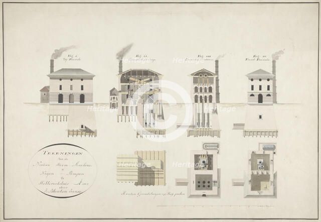 Drawings of the new steam engine for nine pumps in Hellevoetsluis, 1802. Creator: Jan Blanken.