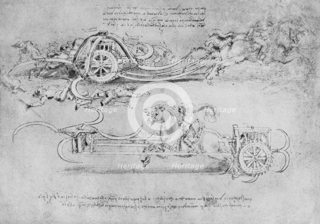 'Drawings of Two Types of Chariot Armed with Scythes', c1480 (1945). Artist: Leonardo da Vinci.