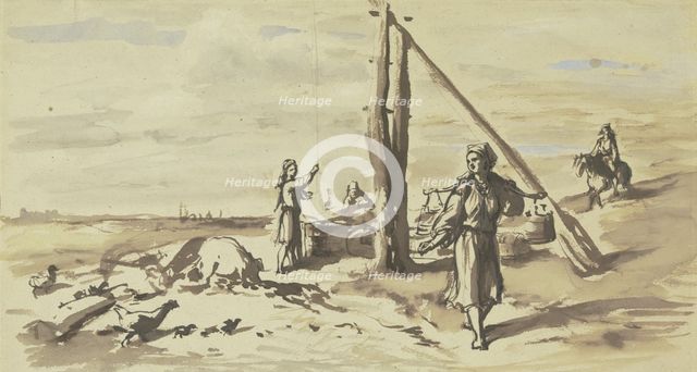 Drawing water from a well in landscape, late 19th century.  Creator: Wilhelm Amandus Beer.