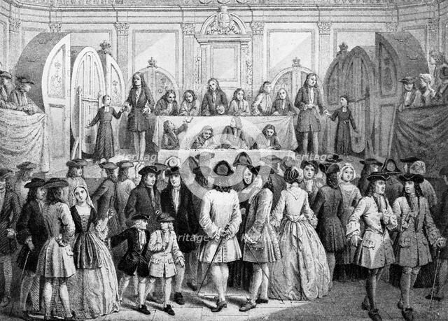 Drawing a lottery in the Guildhall, 1739, (c1920). Artist: Unknown