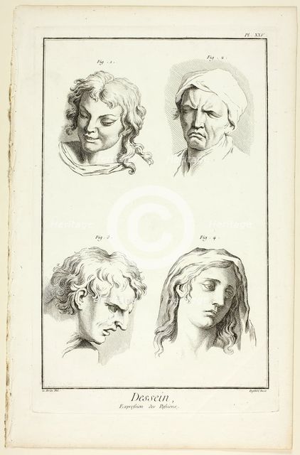 Drawing: Expressions of Emotion (Laughter, Weeping, Compassion, Sadness), from Encyclop..., 1762/77. Creator: A. J. Defehrt.