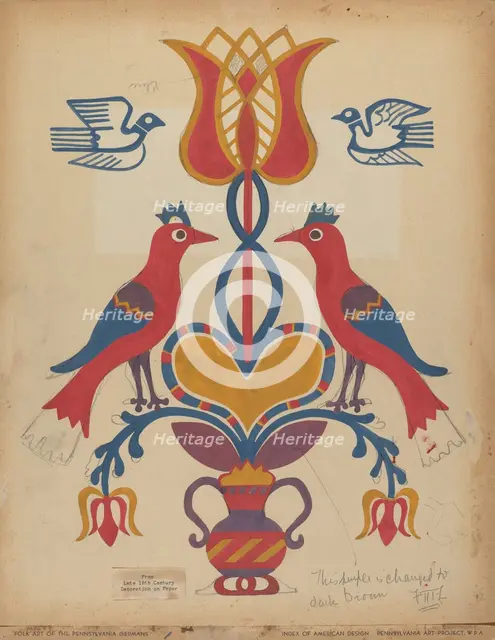 Drawing for Plate 15: From the Portfolio "Folk Art of Rural Pennsylvania", c. 1939. Creator: Unknown.