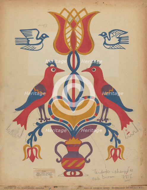 Drawing for Plate 15: From the Portfolio "Folk Art of Rural Pennsylvania", c. 1939. Creator: Unknown.
