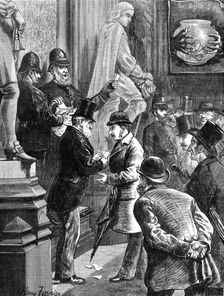 Drawing lots for admission to the Strangers Gallery, House of Commons, 1881. Creator: Joseph Swain