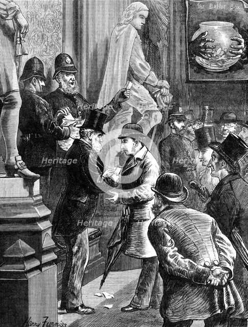 Drawing lots for admission to the Strangers' Gallery, House of Commons, 1881. Creator: Joseph Swain.