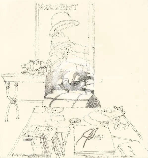 Drawing Materials on table insc. 'To Roxanne', 2000. Creator: Leonard Rosoman.