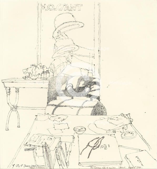 Drawing Materials on table insc. 'To Roxanne', 2000. Creator: Leonard Rosoman.