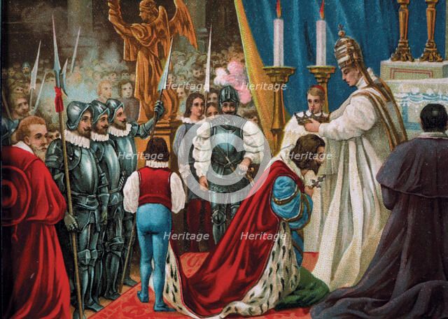 Drawing of the coronation as emperor by Pope Clemente VII in 1529. Charles V (1500-1558) King of …