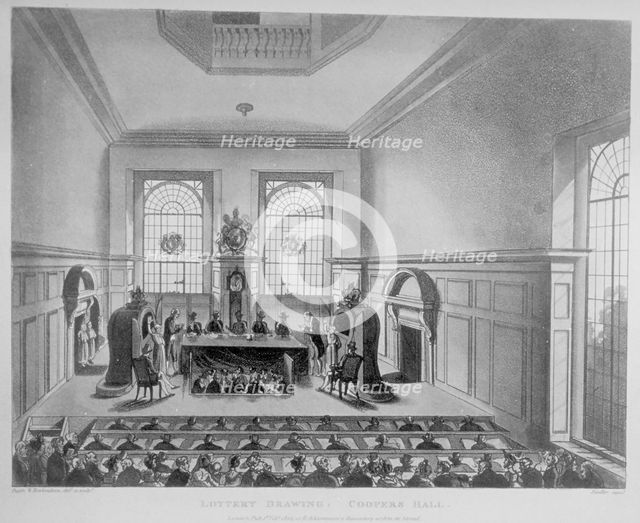 Drawing of the state lottery taking place in Coopers' Hall, City of London, 1809. Artist: Anon