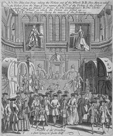 Drawing of the state lottery in the Guildhall, City of London, 1739. Artist: Anon