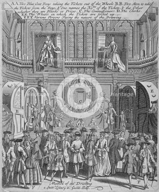 Drawing of the state lottery in the Guildhall, City of London, 1739. Artist: Anon