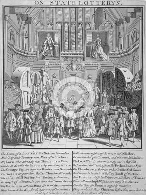 Drawing of the state lottery in the Guildhall, City of London, 1739. Artist: Anon
