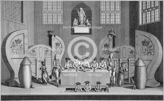 Drawing of the state lottery in the Guildhall, City of London, 1773. Artist: Anon