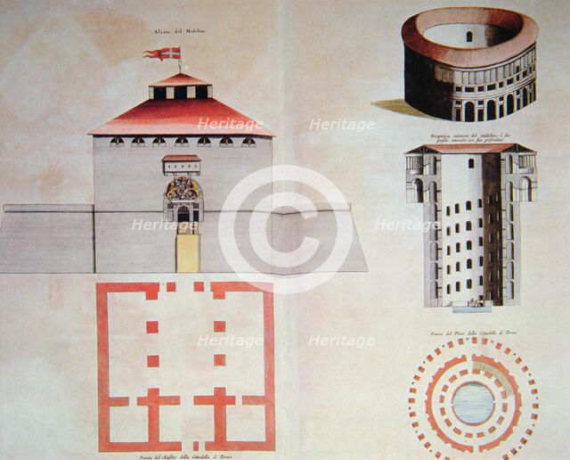 Drawing of the tower and the moat of the citadel of Turin, 1664.