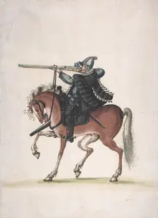 Drawing of a Mounted Arquebusier (Soldier on Horseback), late 16th century. Creator: Unknown