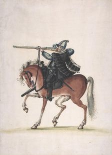 Drawing of a Mounted Arquebusier (Soldier on Horseback), late 16th century. Creator: Unknown