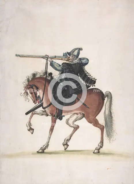 Drawing of a Mounted Arquebusier (Soldier on Horseback), late 16th century. Creator: Unknown.