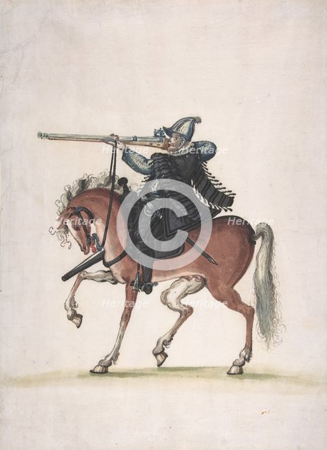 Drawing of a Mounted Arquebusier (Soldier on Horseback), late 16th century. Creator: Unknown.
