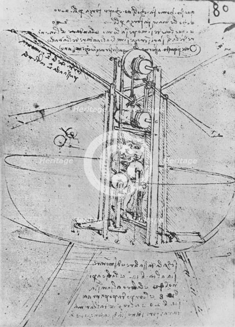 'Drawing of a Flying Machine with a Man Operating It', c1480 (1945). Artist: Leonardo da Vinci.