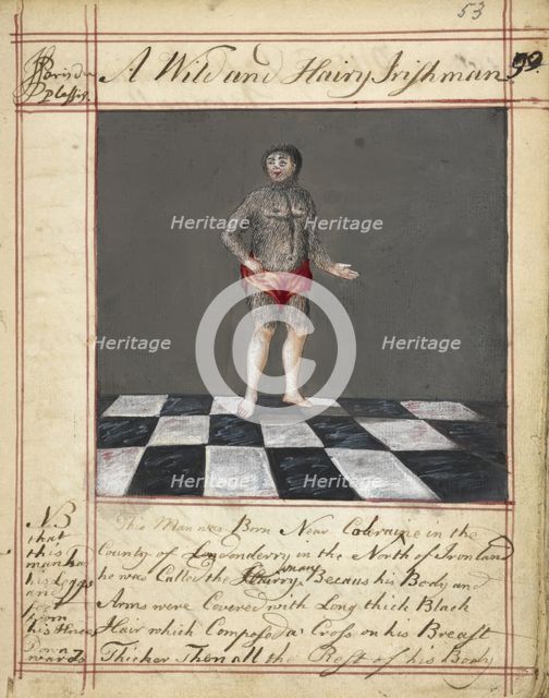 Drawing of a wild and hairy Irishman, born near Coleraine, Ireland; with text, 1730s. Creator: James Paris du Plessis.