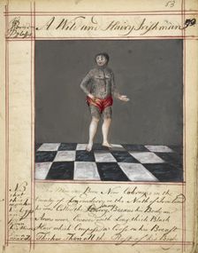 Drawing of a wild and hairy Irishman, born near Coleraine, Ireland; with text, 1730s. Creator: James Paris du Plessis