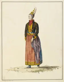 Drawing of an Icelandic woman in her bridal dress, 1772. Creator: John Clovelly