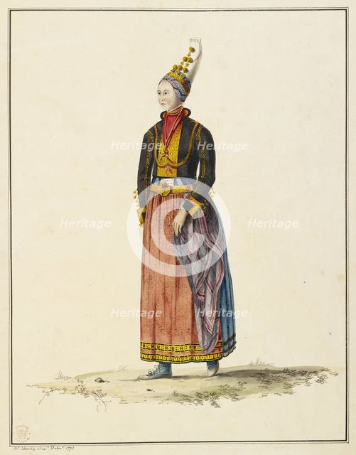 Drawing of an Icelandic woman in her bridal dress, 1772.  Creator: Sir Joseph Banks.